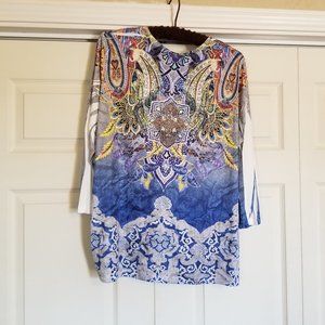 NW Embellished V-neck Knit Tunic, 3/4 sleeves, Multicolor blouse, by Reba